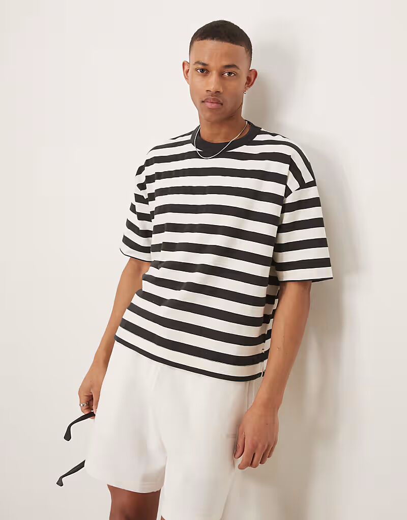 

Футболка свободного кроя ASOS DESIGN из плотной ткани плотностью 220 г/м² в черно-белую полоску