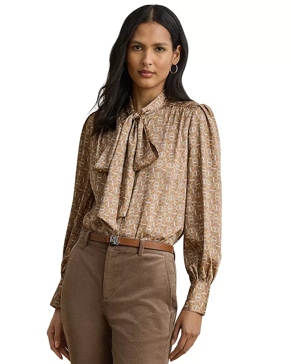 

Блузка из саржи с геометрическим принтом и завязками на шее Ralph Lauren, бежевый