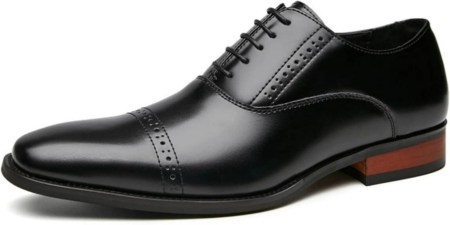 

Мужские кожаные туфли-оксфорды с шнуровкой, броги, носок с капюшоном, крылья, низкие, противоскользящие, повседневные дерби для делового стиля, выхода в свет и вечеринок Qwuieoin, черный