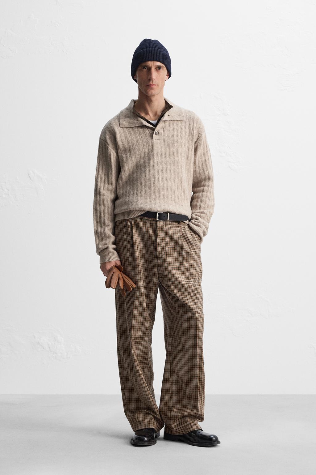 

Брюки в клетку со складками ZARA, кэмел