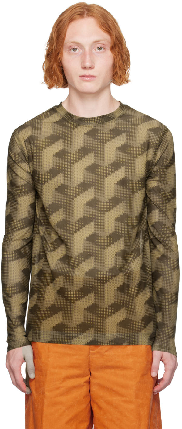 

Футболка с длинным рукавом цвета хаки с рисунком Dries Van Noten
