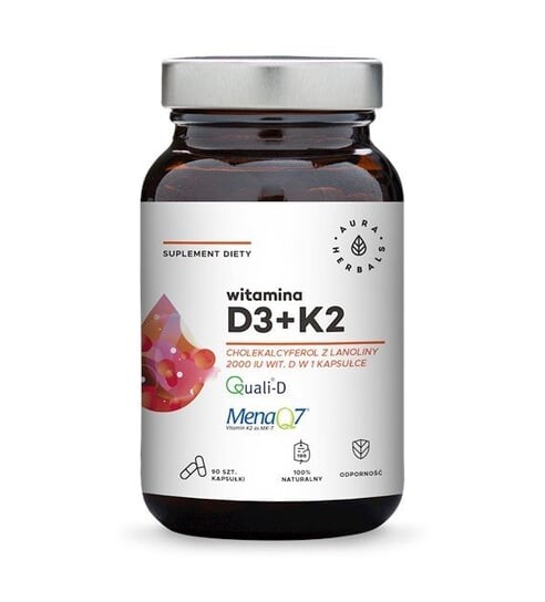 

Aura Herbals, Витамин D3 2000 МЕ + K2, 90 капсул