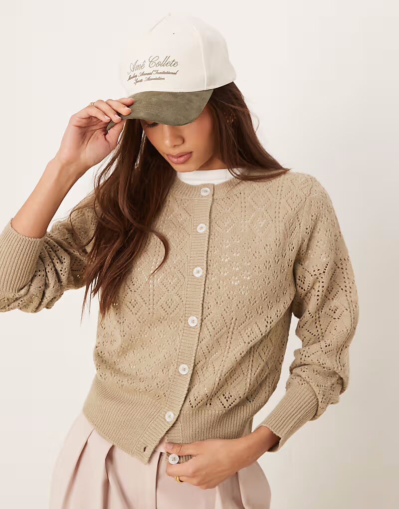 

Кардиган ASOS DESIGN с ажурным швом и глубоким рубчиком по низу цвета мокко