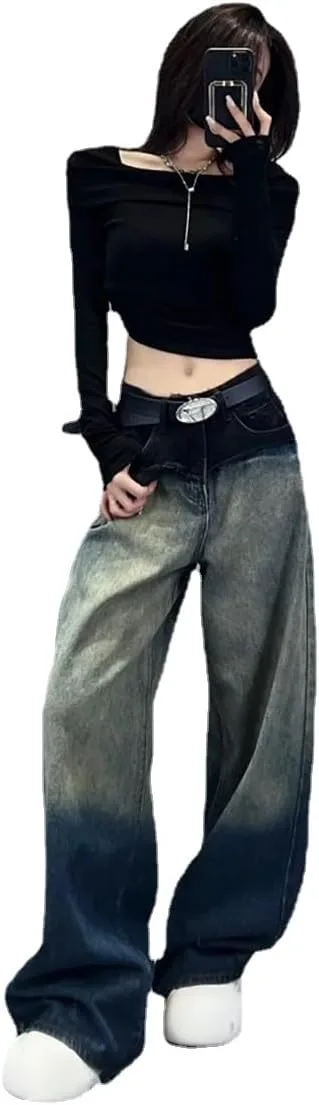 

Готические женские брюки retro gradient jeans casual straight leg wide leg INFENU