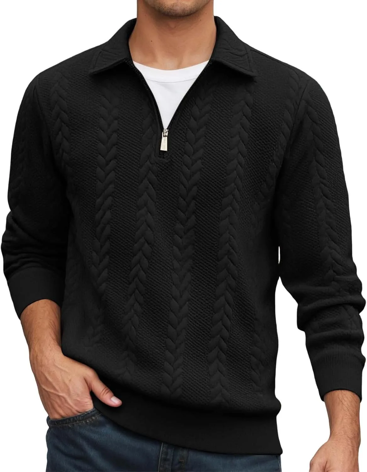 

Мужская зимняя толстовка с воротником стойкой и жаккардовым узором