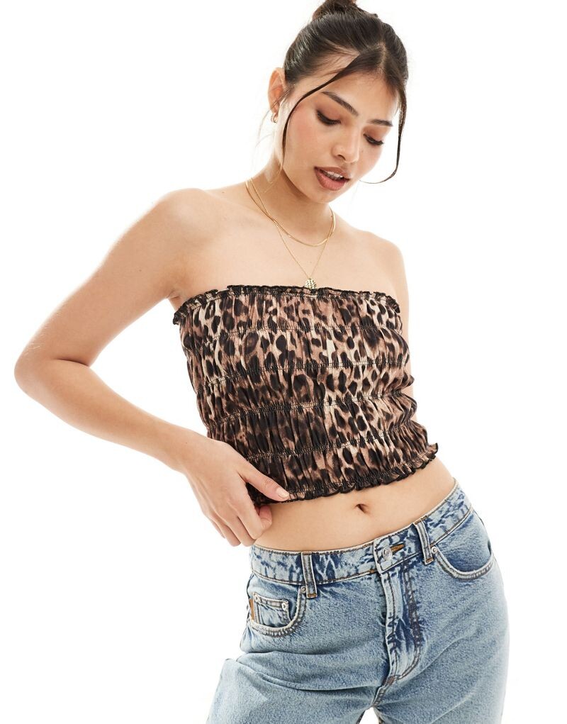 

ASOS DESIGN - Коричневый топ-бандо с рюшами и леопардовым принтом