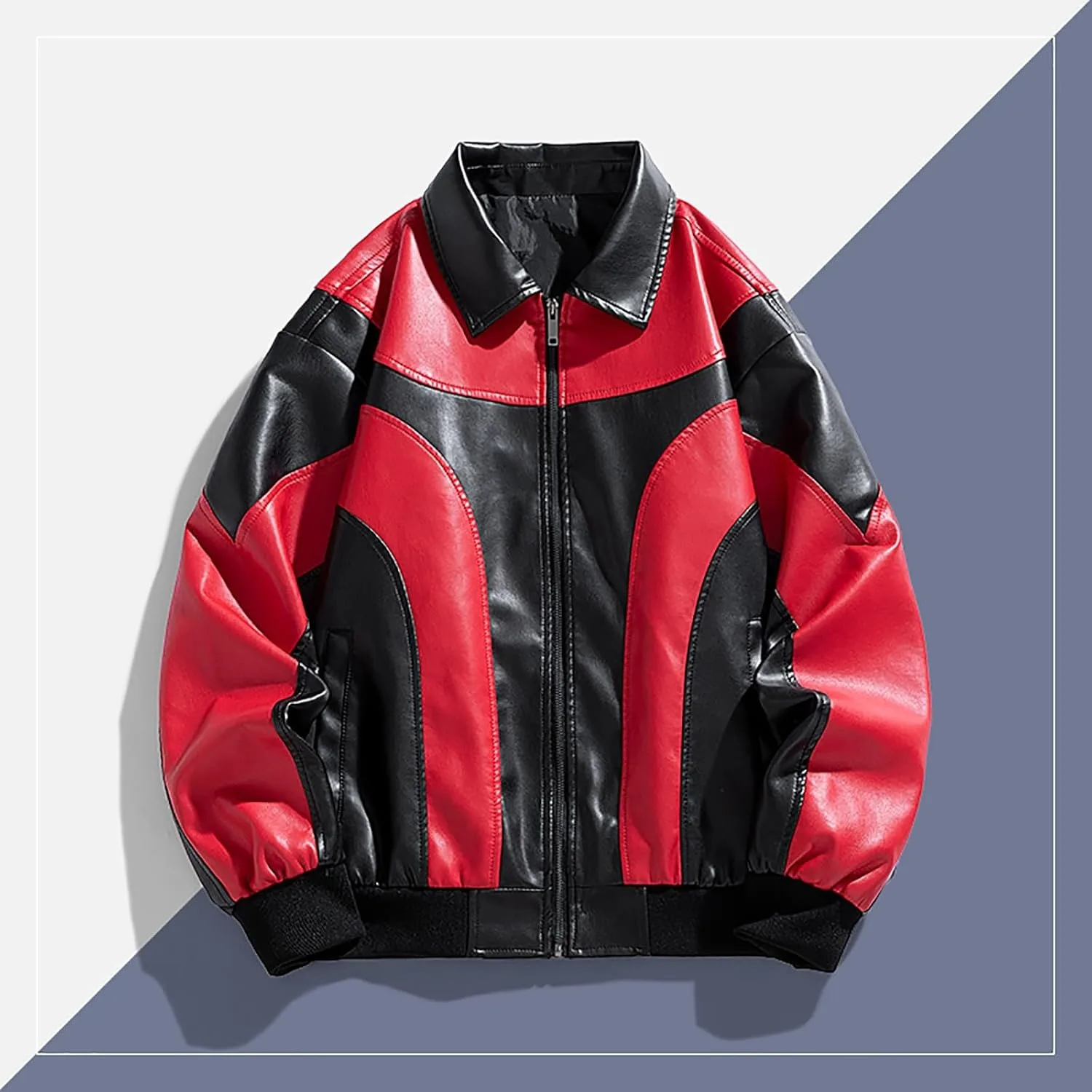 Мужская бейсбольная кожаная куртка в стиле varsity с цветными блоками, уличная куртка-бомбер Generic, красный — фото 3