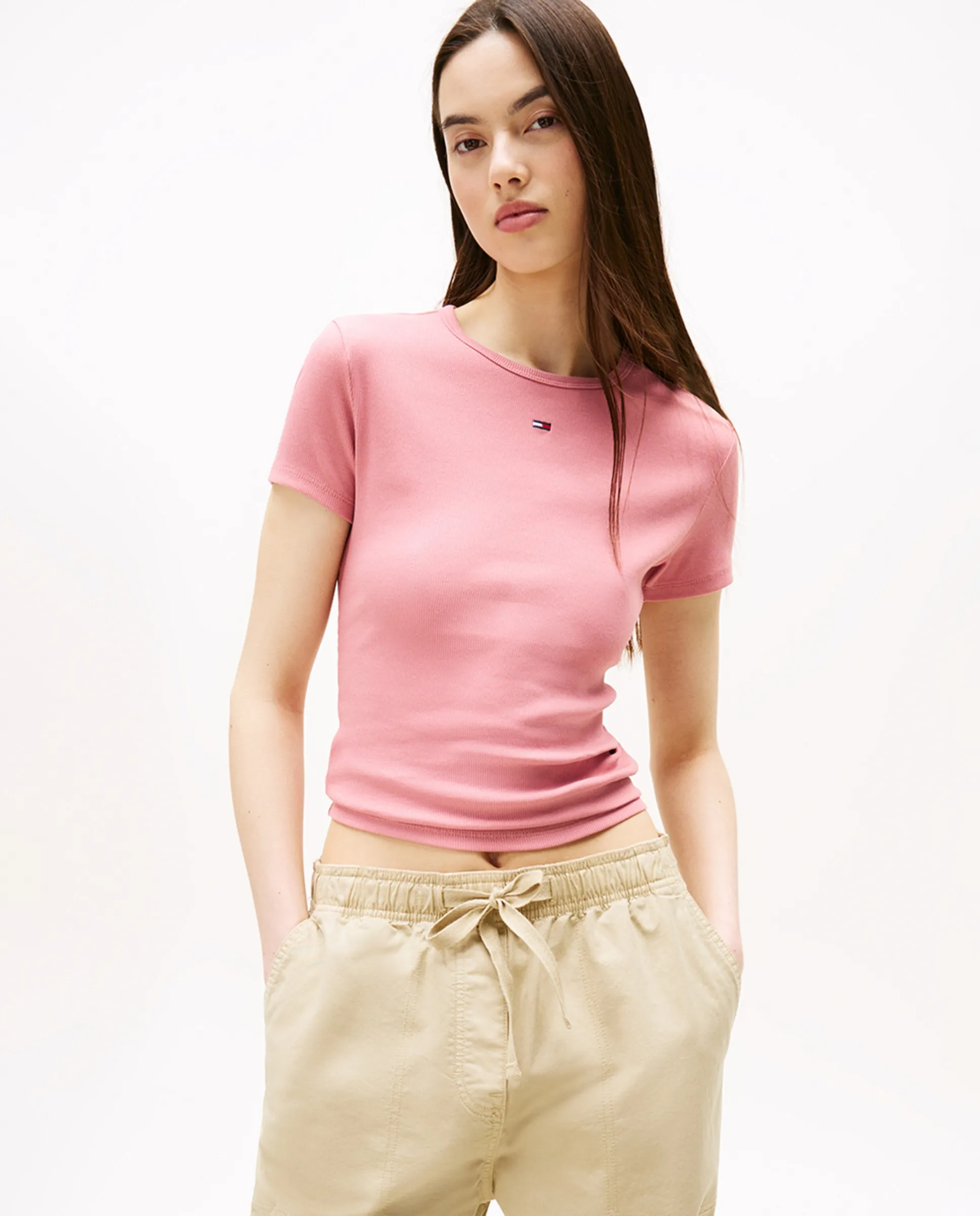 

Женская футболка рубчик облегающая Tommy Jeans, розовый