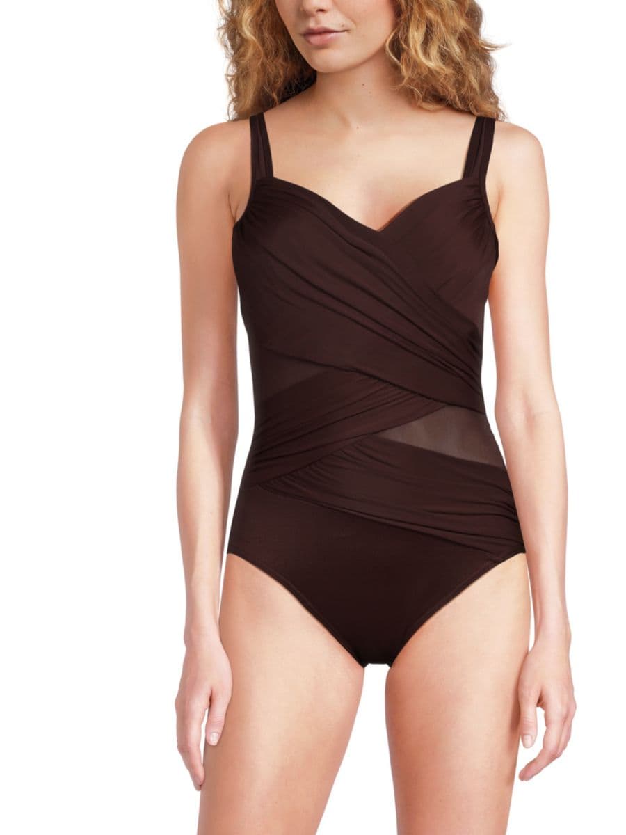 

Слитный купальник с сетчатыми вставками и сборками Miraclesuit, цвет Sumatra Brown