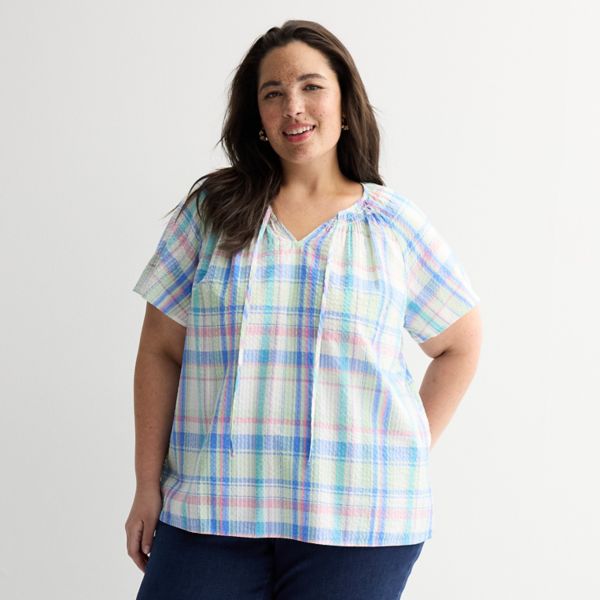 

Блузка реглан большого размера с разрезом на горловине Croft & Barrow, цвет green madras plaid