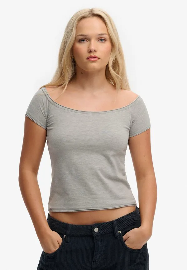 

Футболка с коротким рукавом и открытыми плечами в стиле бардо. Superdry & Co, Grey Marl, Серый, Футболка с коротким рукавом и открытыми плечами в стиле бардо. Superdry & Co, Grey Marl