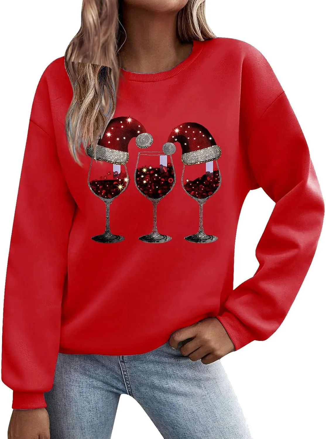 Женский свитер с новогодним принтом, длинный рукав, Crewneck