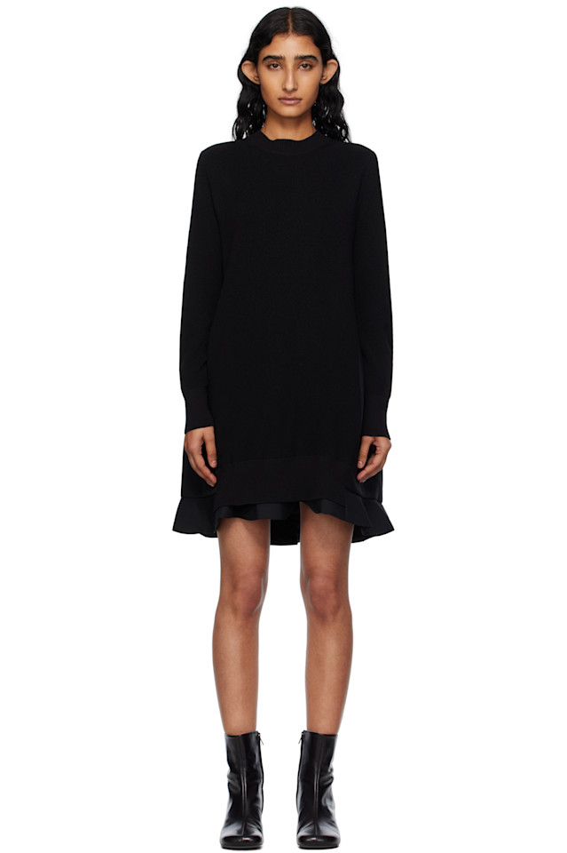 

Мини-платье из смесовой костюмной ткани с вязкой Sacai, черный