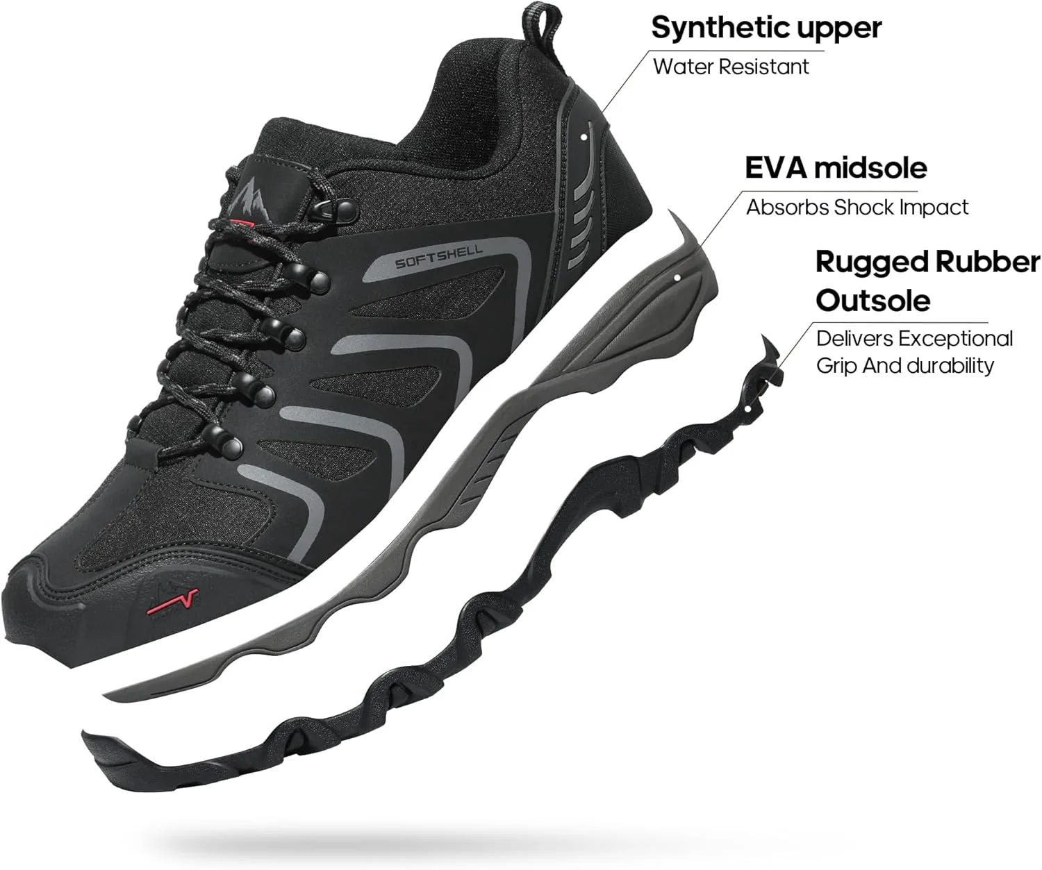 

Мужские водонепроницаемые кроссовки для треккинга NORTIV 8 с низким верхом для походов и работы на открытом воздухе, черный/серый