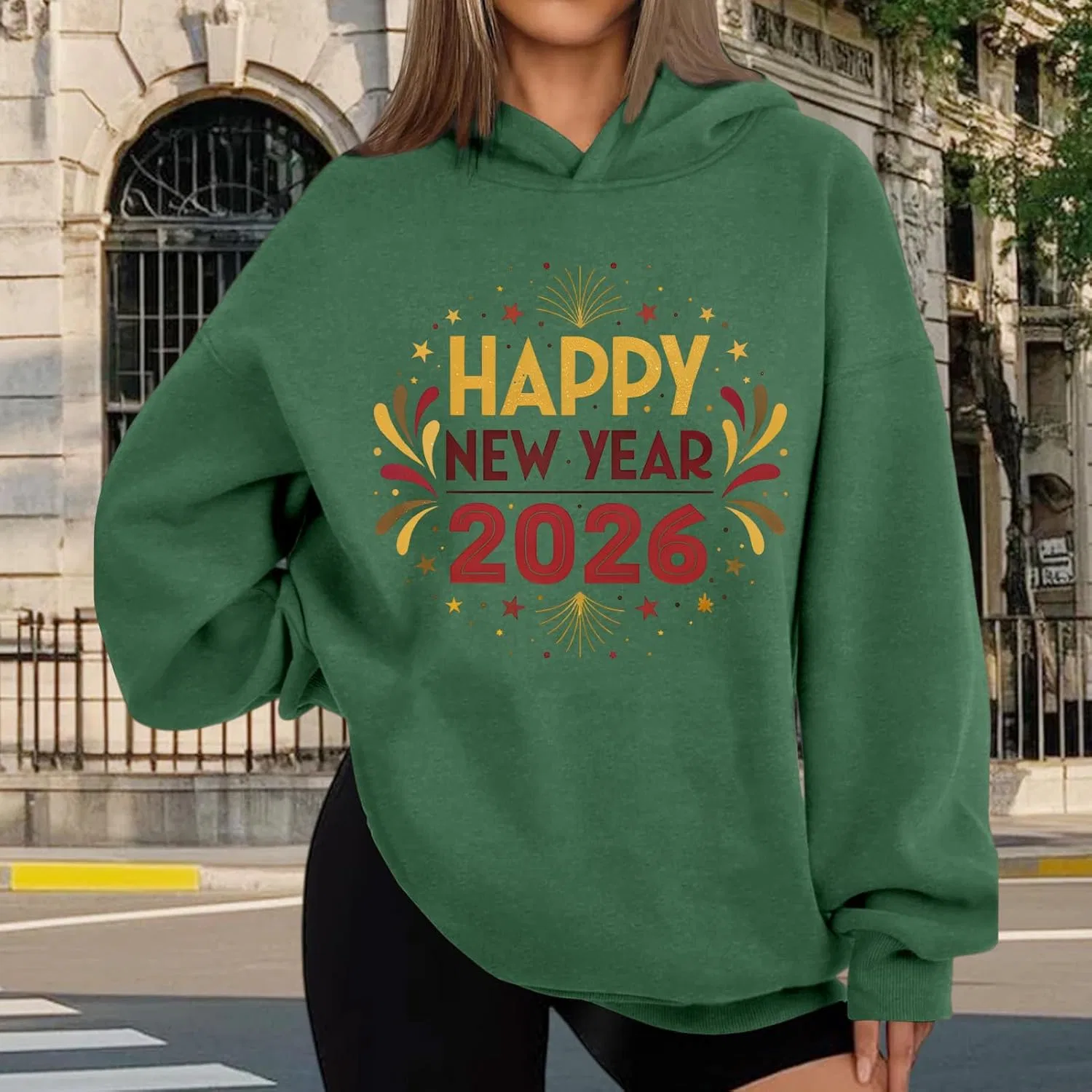 Женский худи с принтом Happy New Year 2026, оверсайз, Green — фото 2