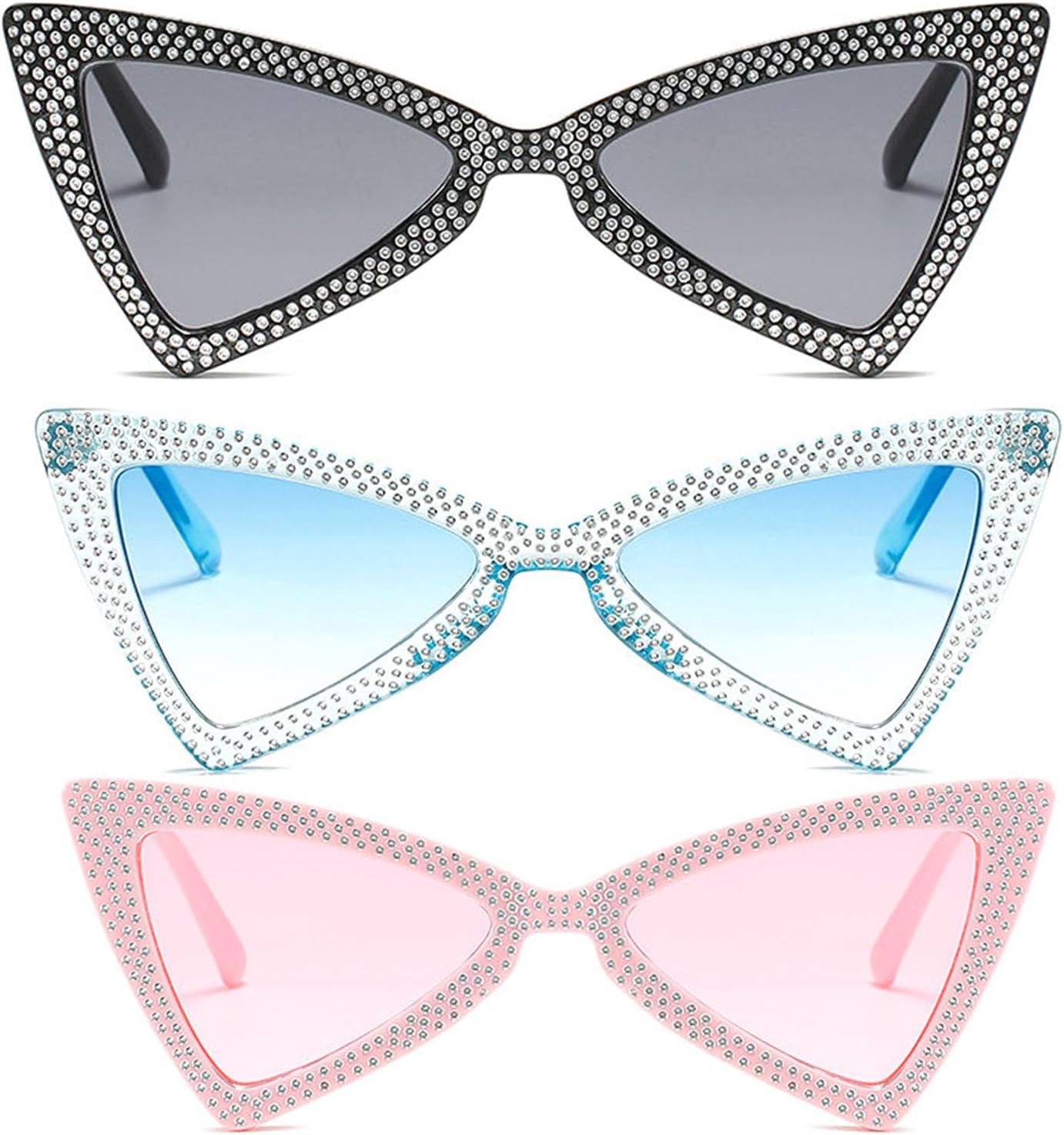 

Солнцезащитные очки Willochra «Кошачий глаз» с блестящими кристаллами, треугольные, с бабочками и стразами, для вечеринок, с бриллиантовым блеском, 3pcs-pink&blue&black