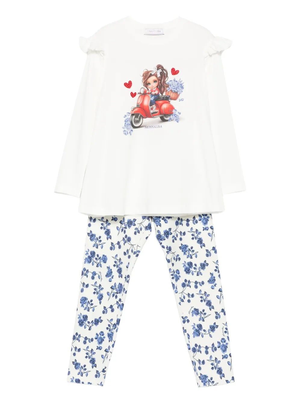 

Футболка и леггинсы с цветочным принтом и отделкой оборками Monnalisa, белый