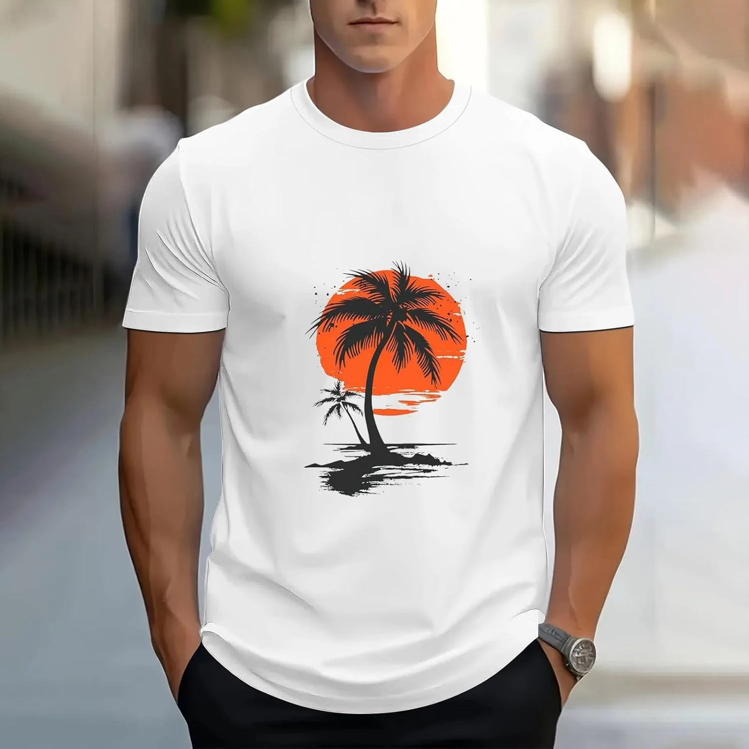 Мужская футболка с коротким рукавом Tropical Palm Tree Beach, летняя легкая с принтом — фото 2
