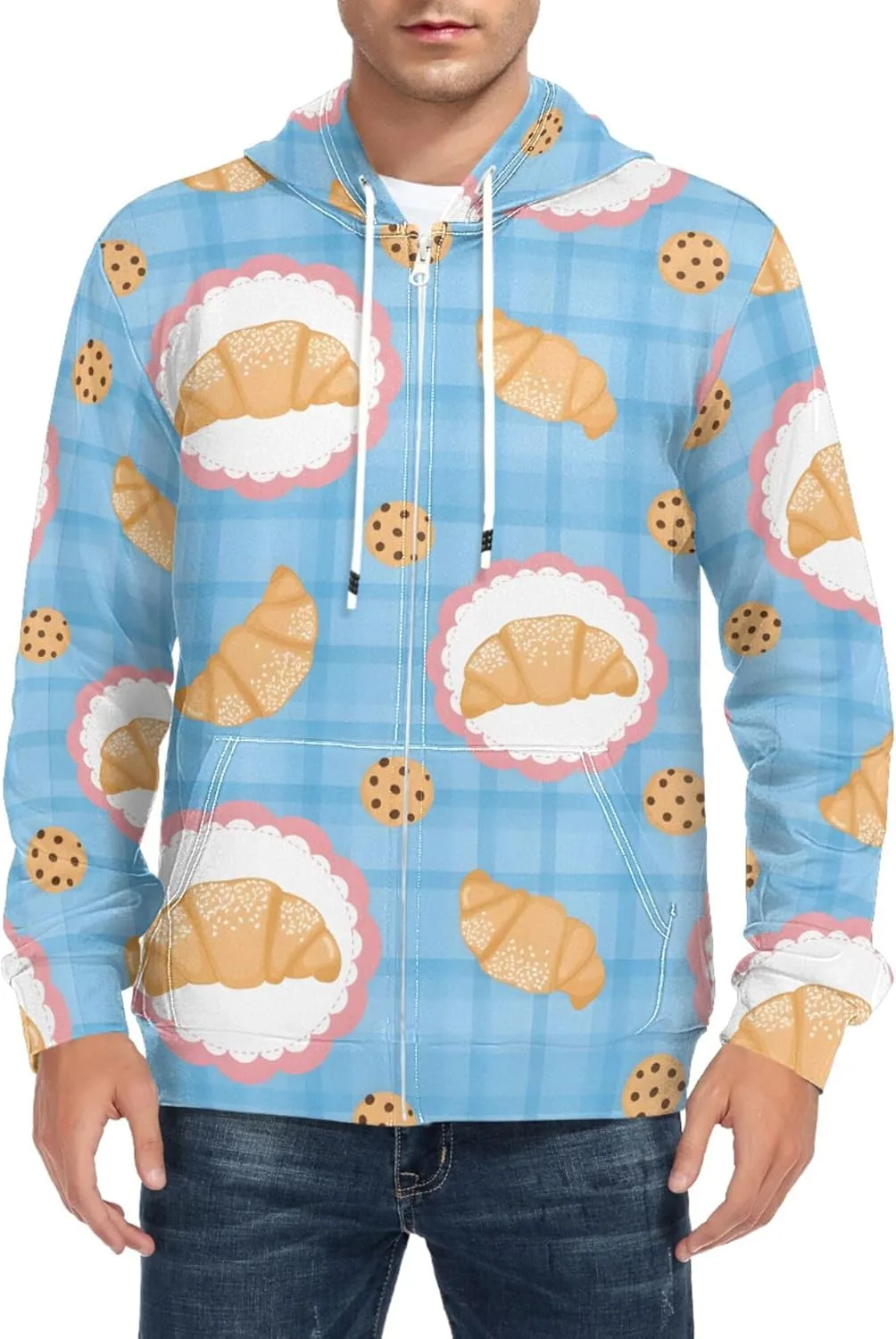 

Мужская толстовка с капюшоном на молнии, принт "круассан и печенье", с карманом CUPADA