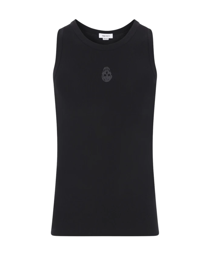 

Черная ребристая хлопковая майка с вышивкой в виде черепа, выполненной наизнанку. Alexander Mcqueen, черный