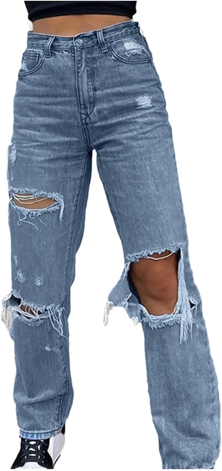 

Женские джинсы Pull On с потертостями и разрывами, высокие, широкие NATHGAM