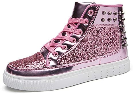 

IGxx блестящие металлические шипованные блестящие туфли для мужчин, высокие панк-кеды с заклепками, розовый