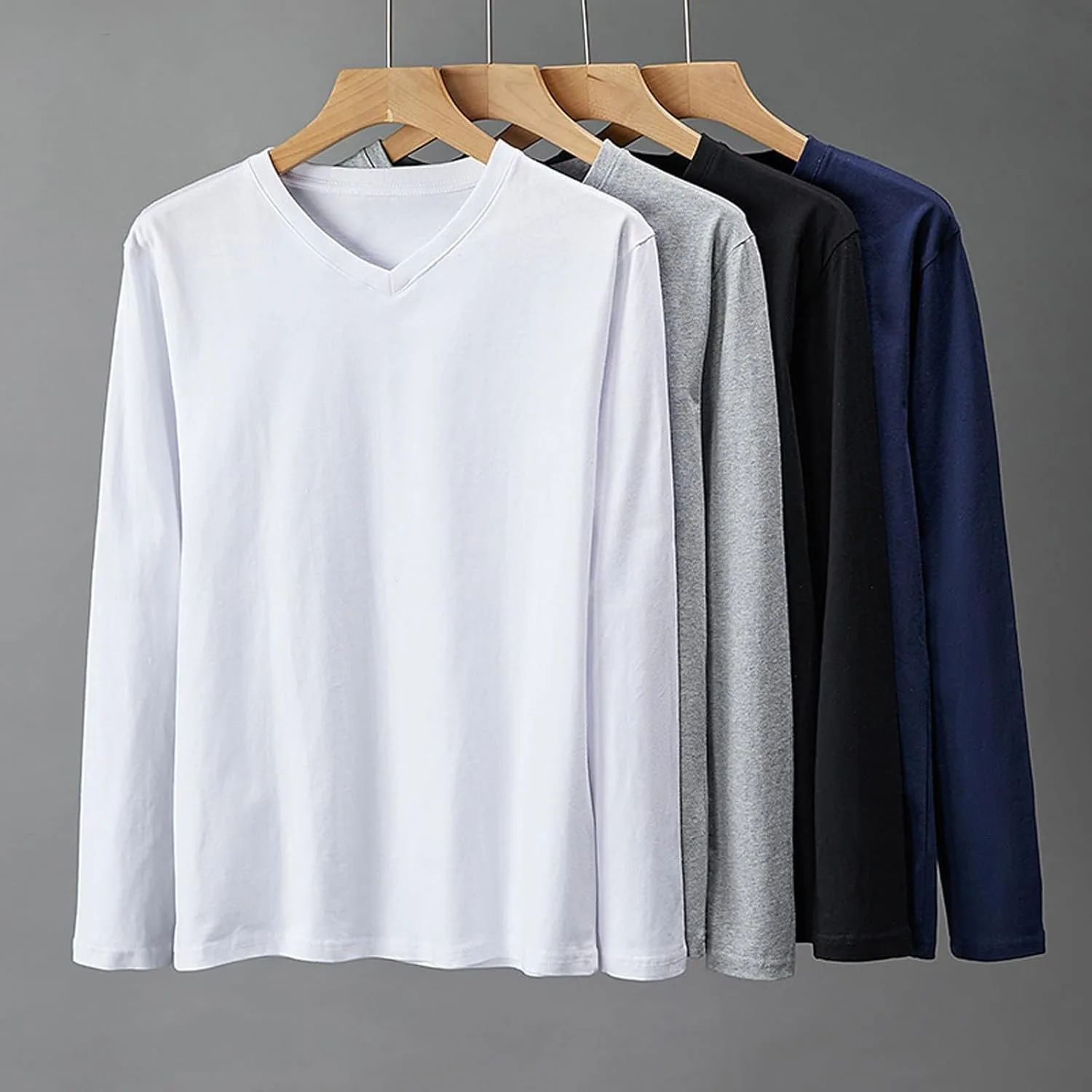 Мужская футболка с длинным рукавом и V-образным вырезом, Plus Size, хлопок, весна-осень — фото 3