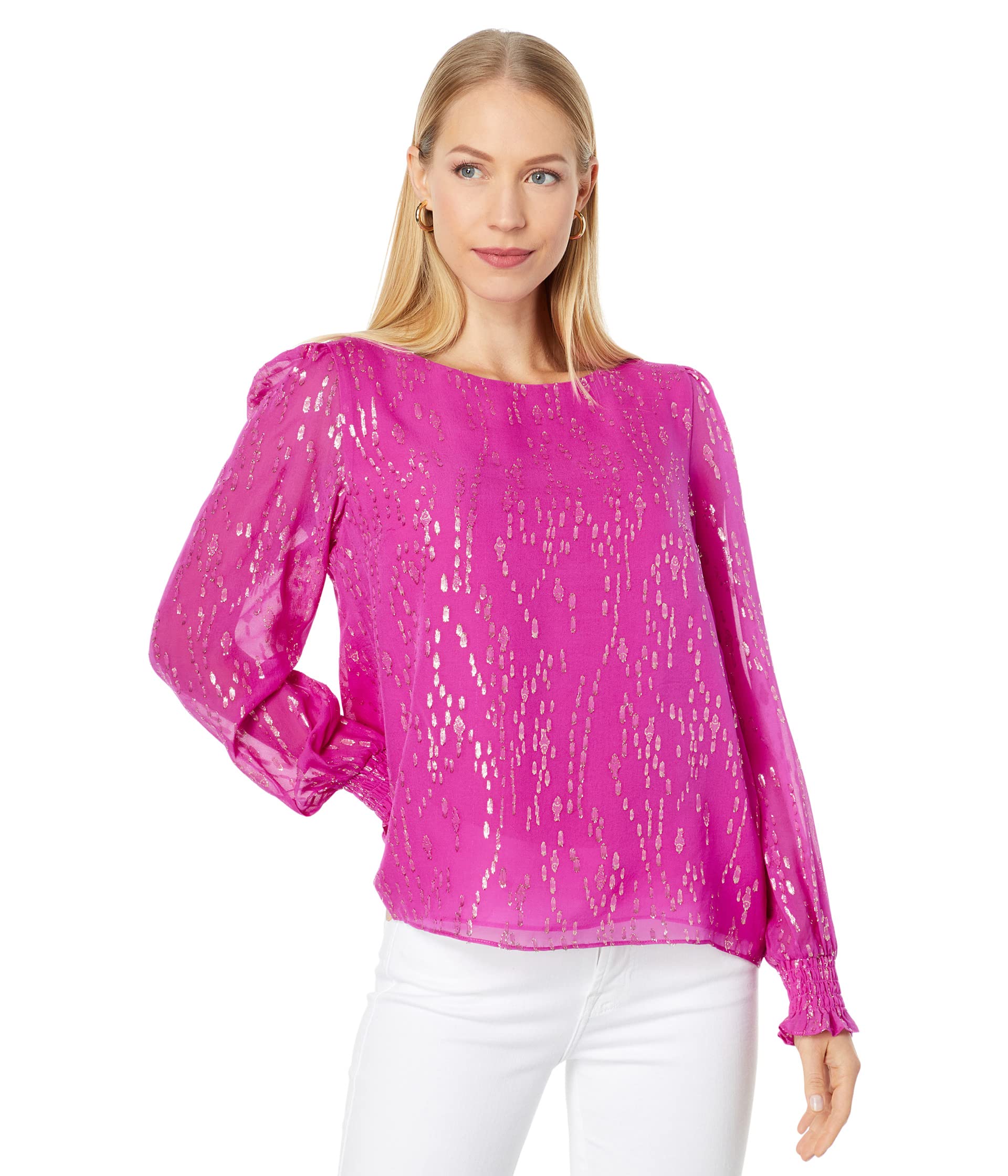

Топ Lilly Pulitzer Idina Long Sleeve Silk Top, Elderberry Fish Clip Chiffon
