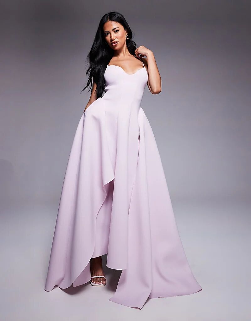 

Платье миди ASOS DESIGN Premium с бретельками-ками, широким подолом и асимметричным подолом сиреневого цвета из ткани в стиле «скуба»