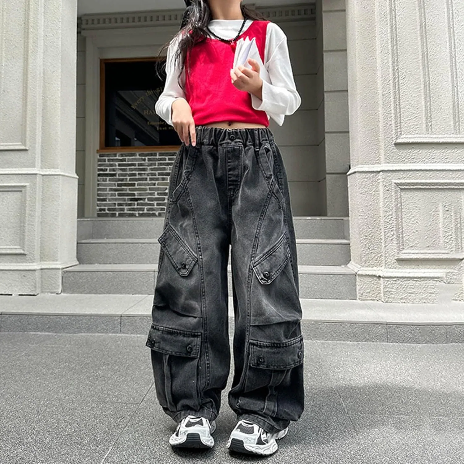 Джинсы для девочек свободные, Wide Leg, Black — фото 3