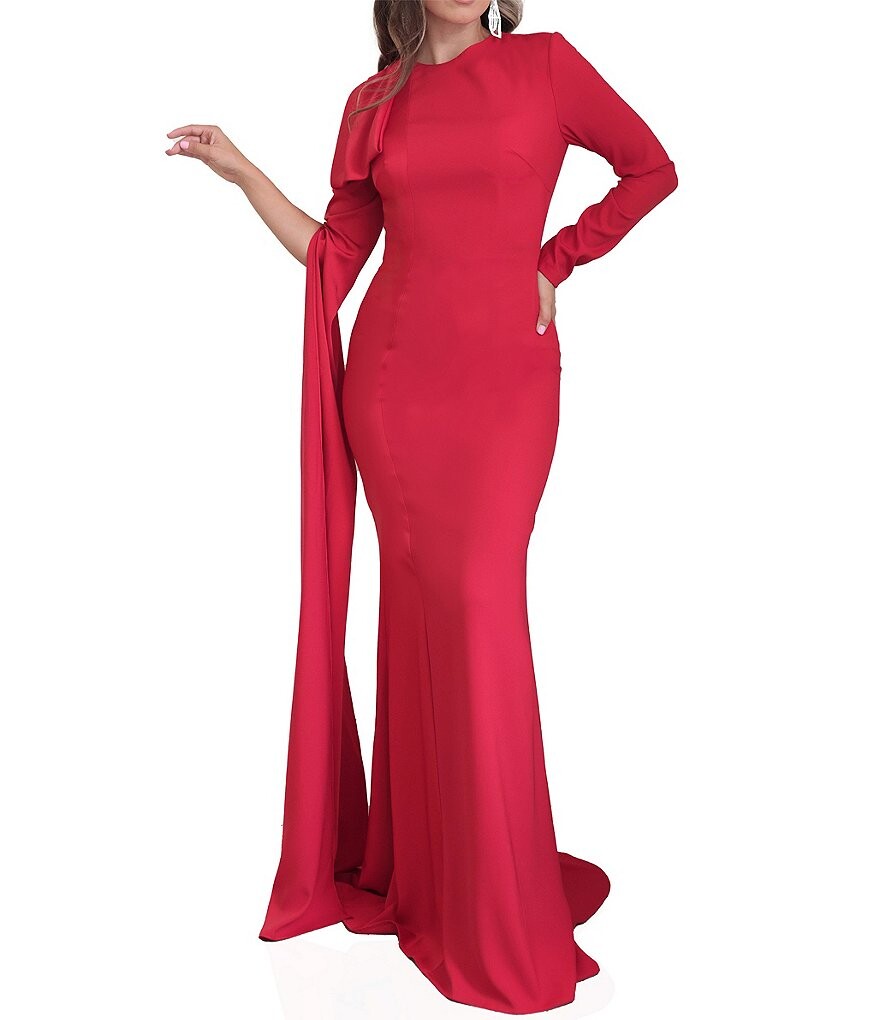 

Платье Terani Couture из крепа с круглым вырезом и длинными рукавами, драпированными рукавами, красный