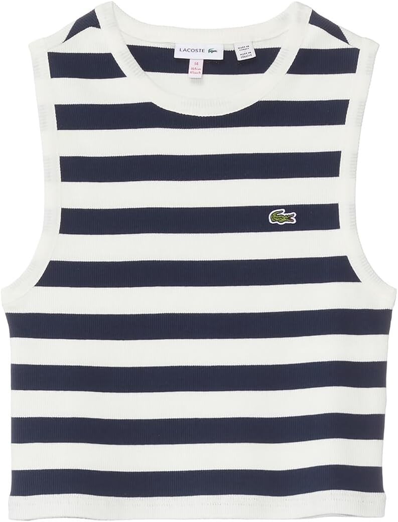 

Майка Lacoste Sleeveless Crew Neck Ribbed Striped Cropped Tank Top, цвет Flour/Navy Blue