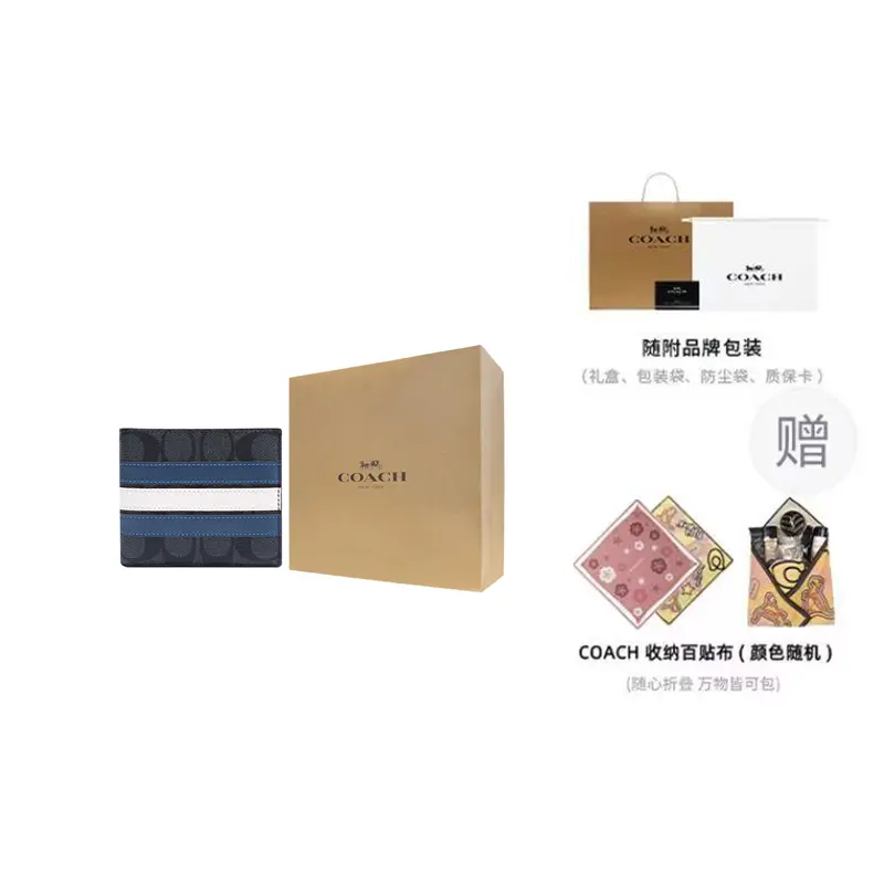 

COACH 3 в 1 кошелек Canvas с кожаными вставками, мужской винтажный, черный/синий с белыми полосками