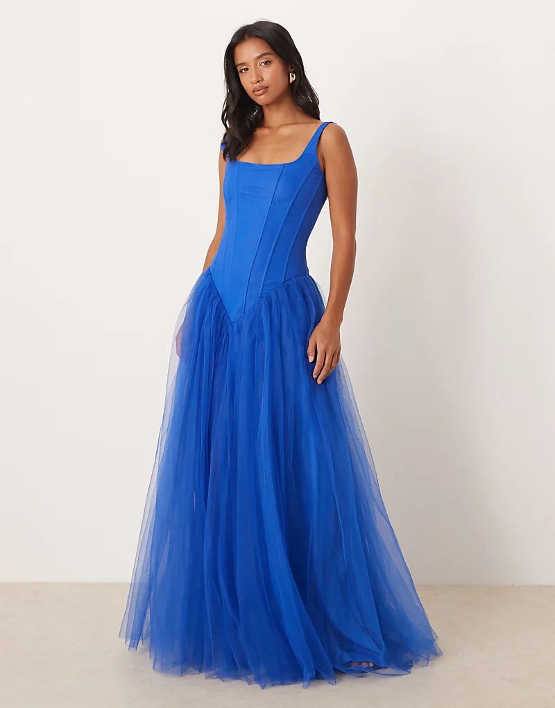 

Длинное платье-корсет с кружевом и бисером, миниатюрное, с драпированным подолом, кобальтового цвета