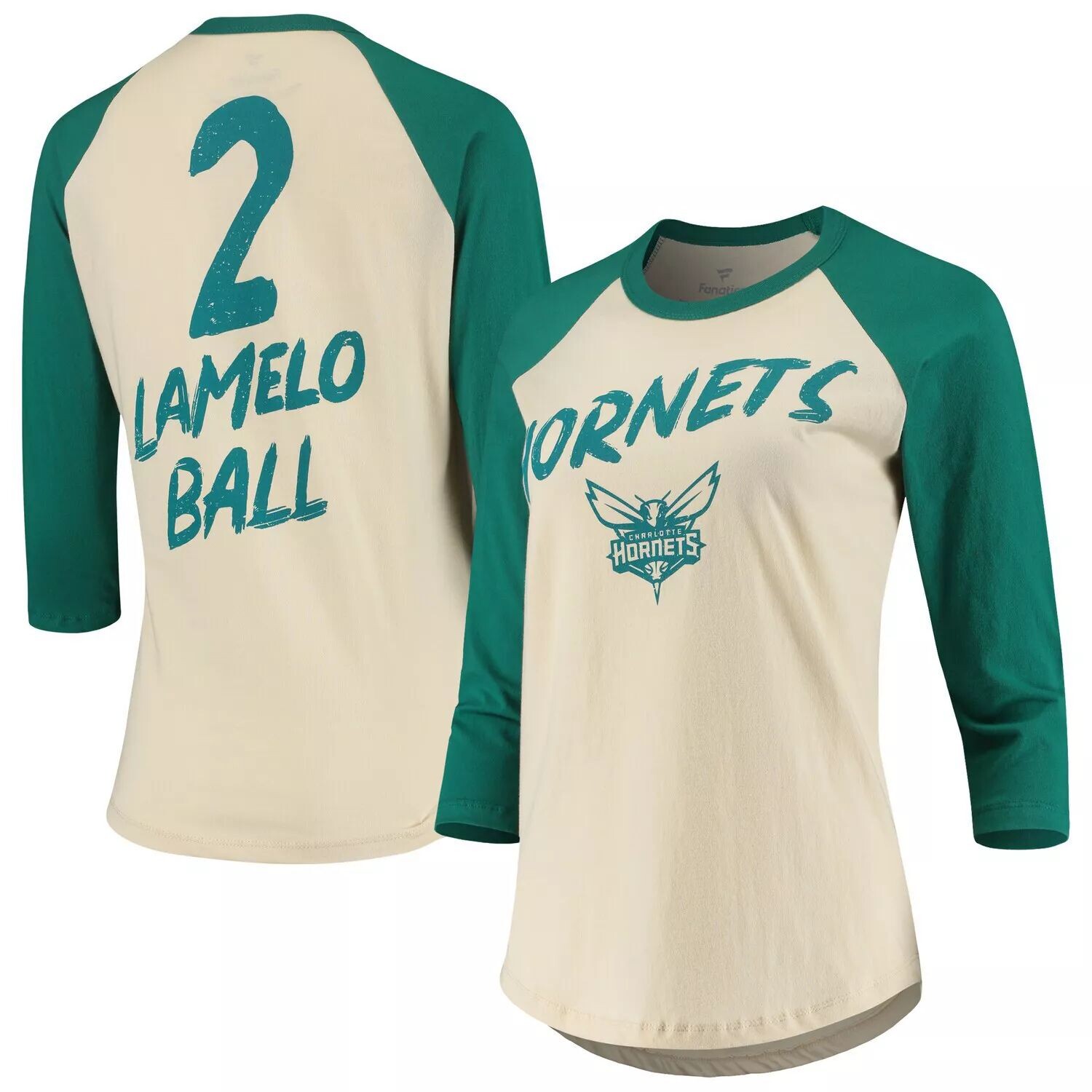 

Женская футболка Fanatics Branded LaMelo Ball Cream Charlotte Hornets NBA с рукавами 3/4 реглан Fanatics
