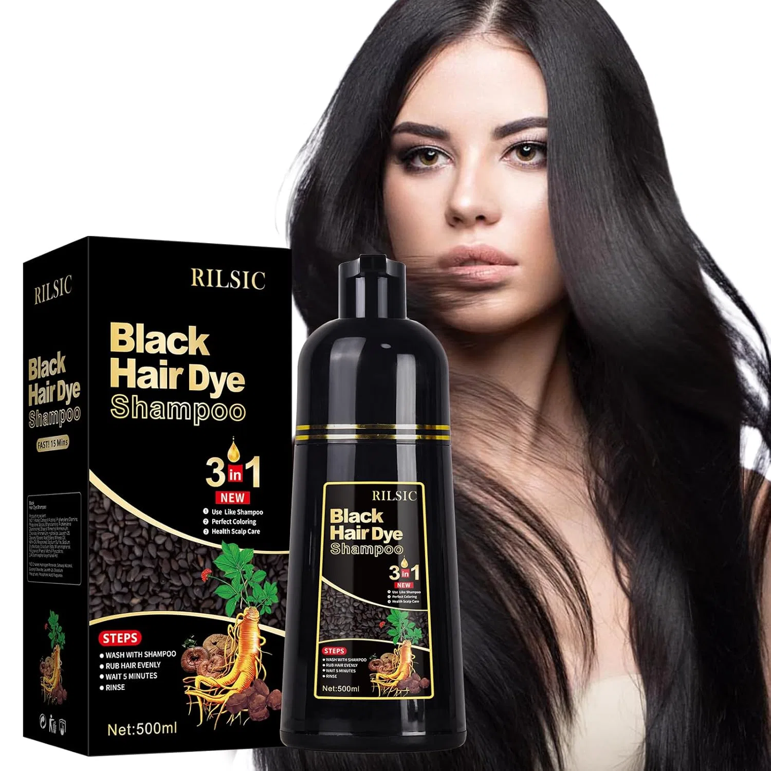 Шампунь-краска для волос «Black Hair Dye Shampoo 3-in-1» для седых волос Rilsic, Black