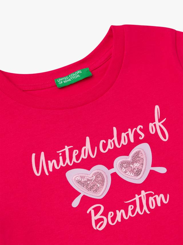 Детская хлопковая футболка с короткими рукавами, украшенная пайетками Benetton, Fuchsia — фото 3