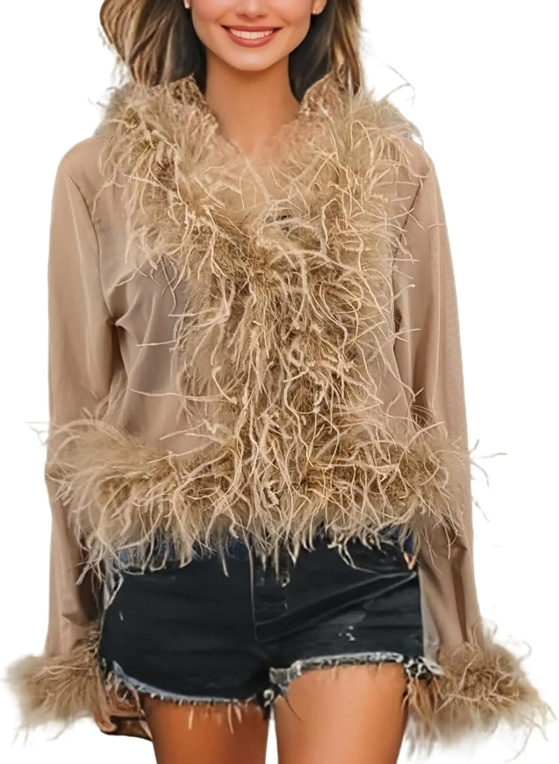 

LVCOMEFF топ-кроп с отделкой из страусиных перьев, сетчатый, черный