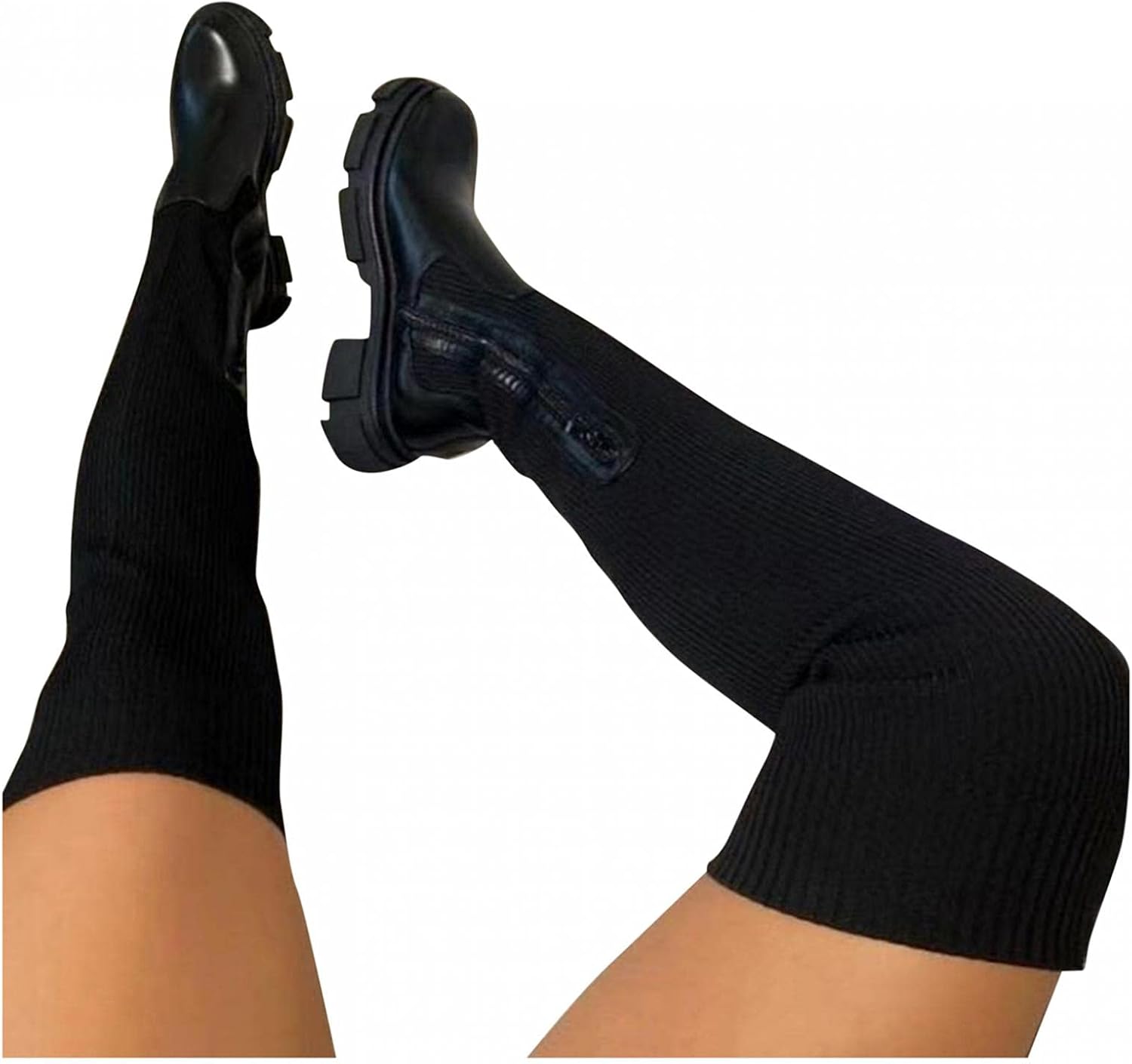 

Женские высокие сапоги Hbeylia на платформе, модные носки с эластичной вязкой, кожаные, с круглым носком, массивной подошвой, без шнуровки, черный