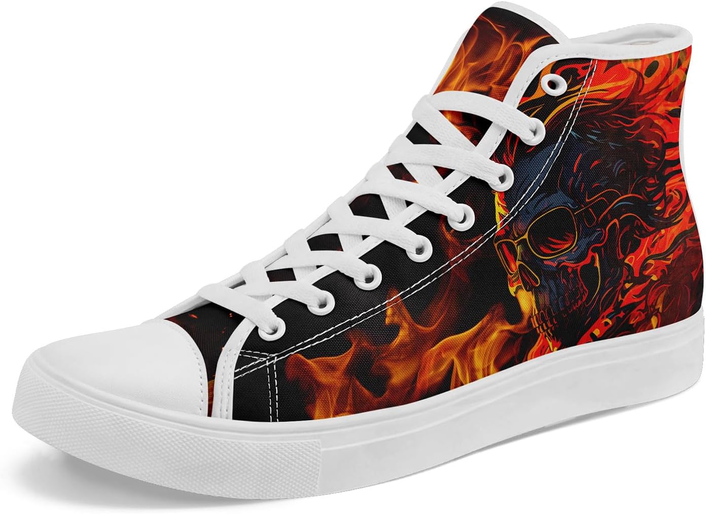 

Модные готические кроссовки с черепом и огненным рисунком на высоком холщовом верхе для мужчин и женщин, стильные и удобные, унисекс, на шнуровке, плоские, для повседневной ходьбы Coolcustomize, белый/красный/оранжевый/серый