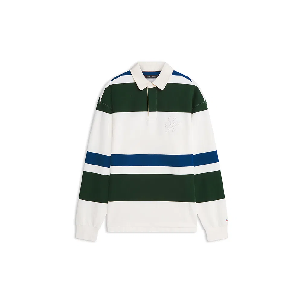 Мужская полосатая футболка регби свободного кроя цвета хаки от Tommy Hilfiger — фото 2