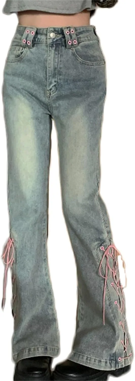 

Женские джинсы-клеш Mid Waist с кружевной шнуровкой ZH8FCHAN