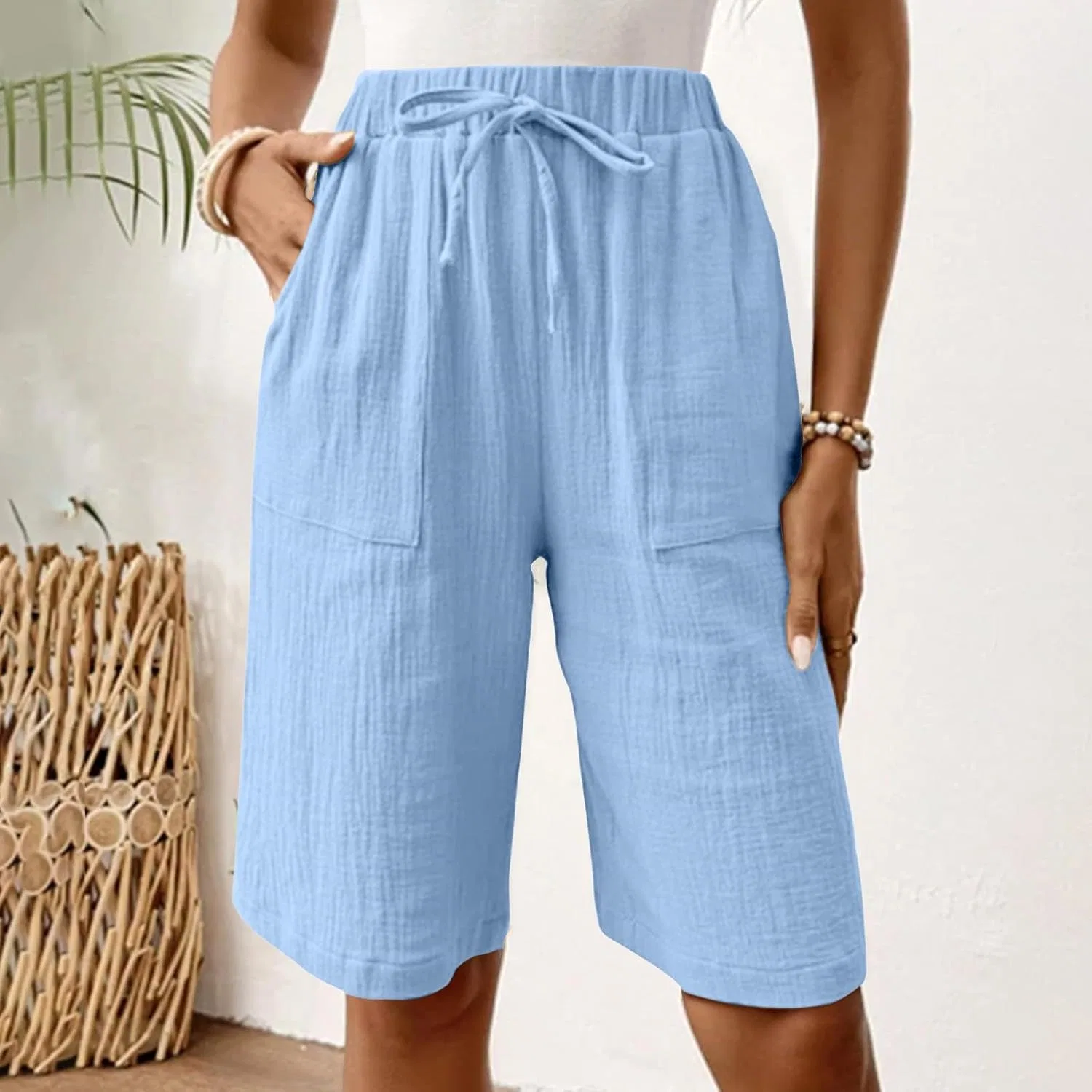 Бермуды женские с карманами, высокая посадка, Light Blue — фото 2