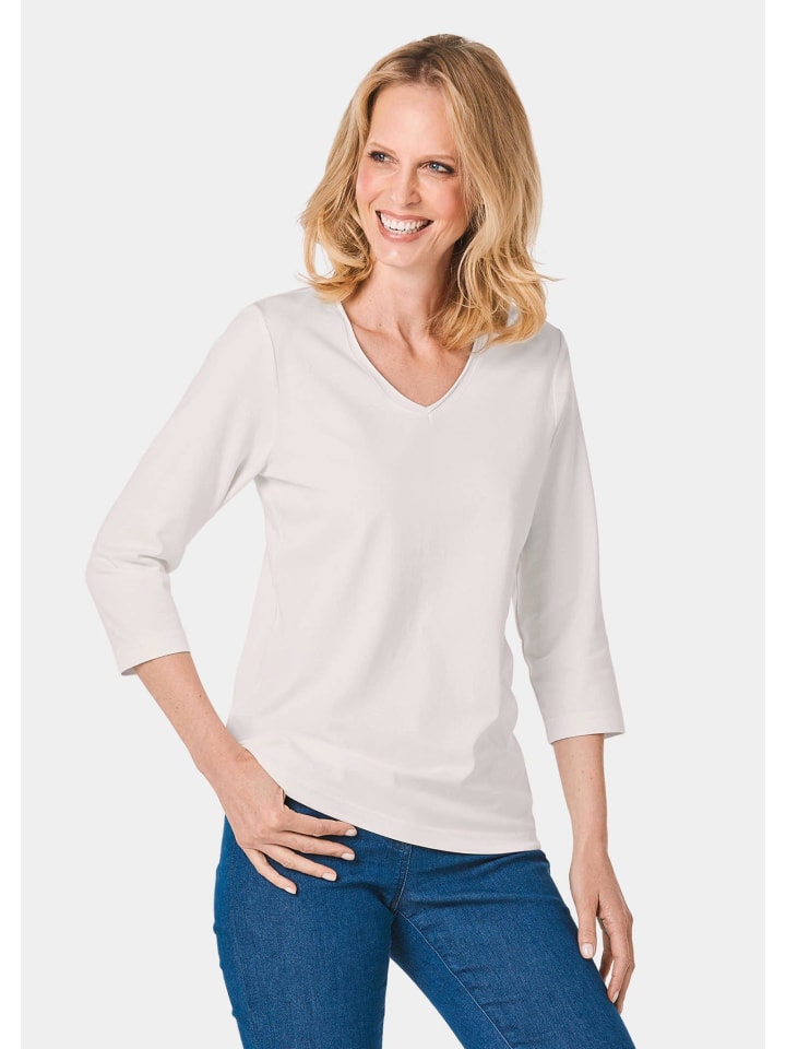 

GOLDNER Укороченный размер: футболка с V-образным вырезом кремово-белого цвета, Белый, GOLDNER Укороченный размер: футболка с V-образным вырезом кремово-белого цвета