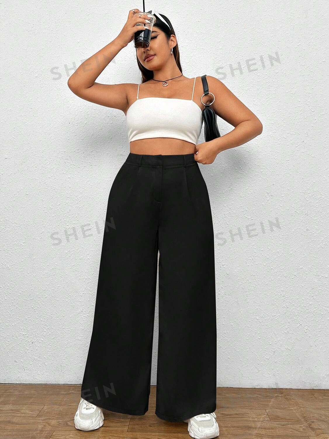 

EZwear Plus Простые широкие брюки Shein, черный