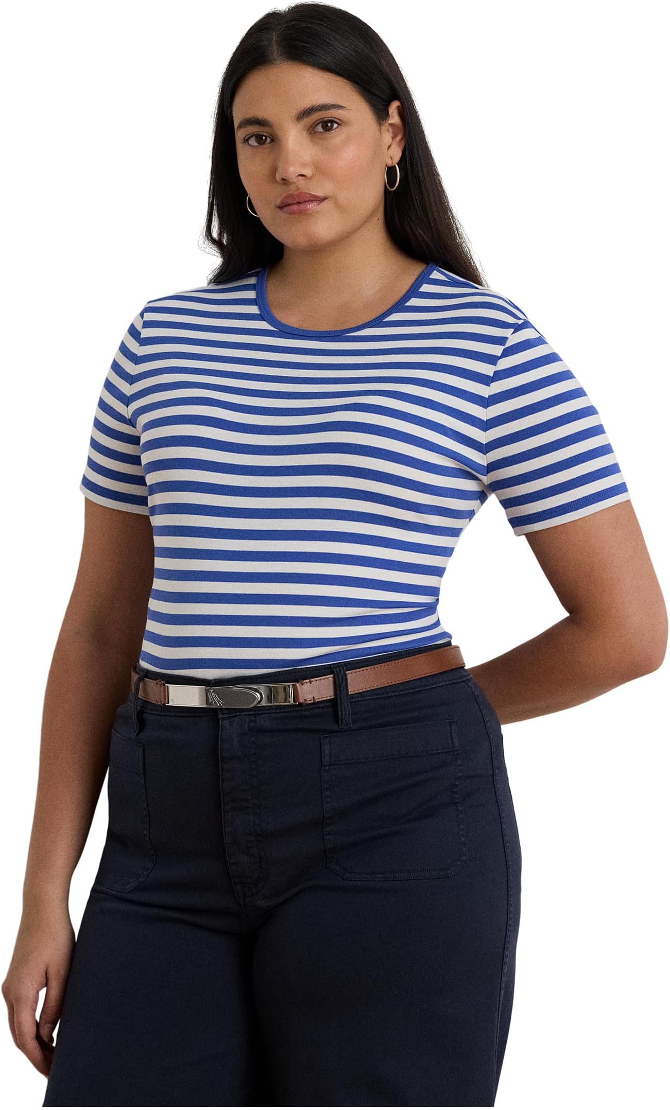 

Футболка Lauren Ralph Lauren Plus Size Striped Stretch Cotton Crewneck Tee, цвет Blue Lapis/White