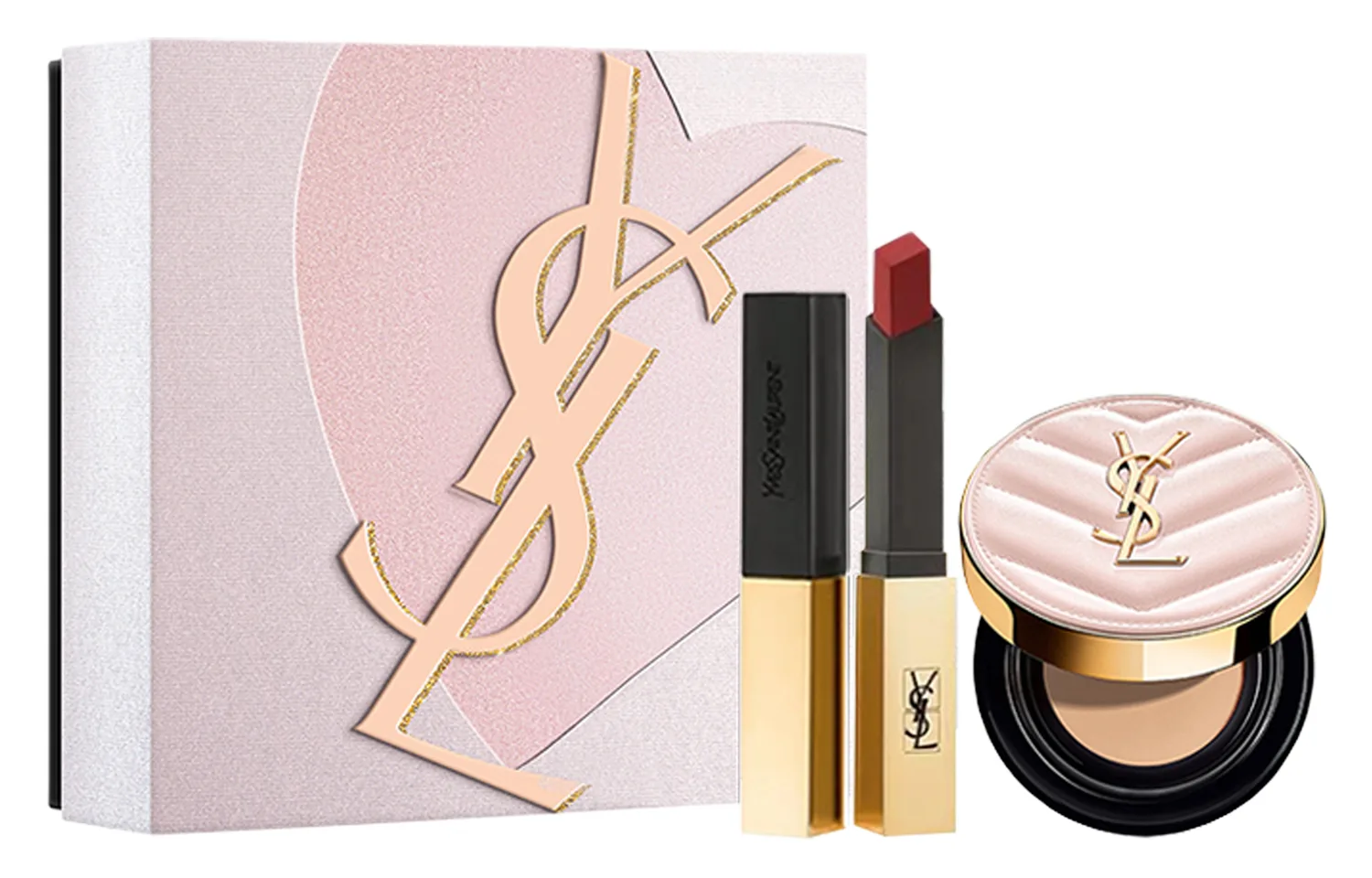 SAINT LAURENT Набор для макияжа с воздушной подушкой Lipstick Air Cushion, лимитированная серия Paris Box для легкого нанесения и коррекции тона кожи, Gold Bar 1966+Pink Cushion BR20
