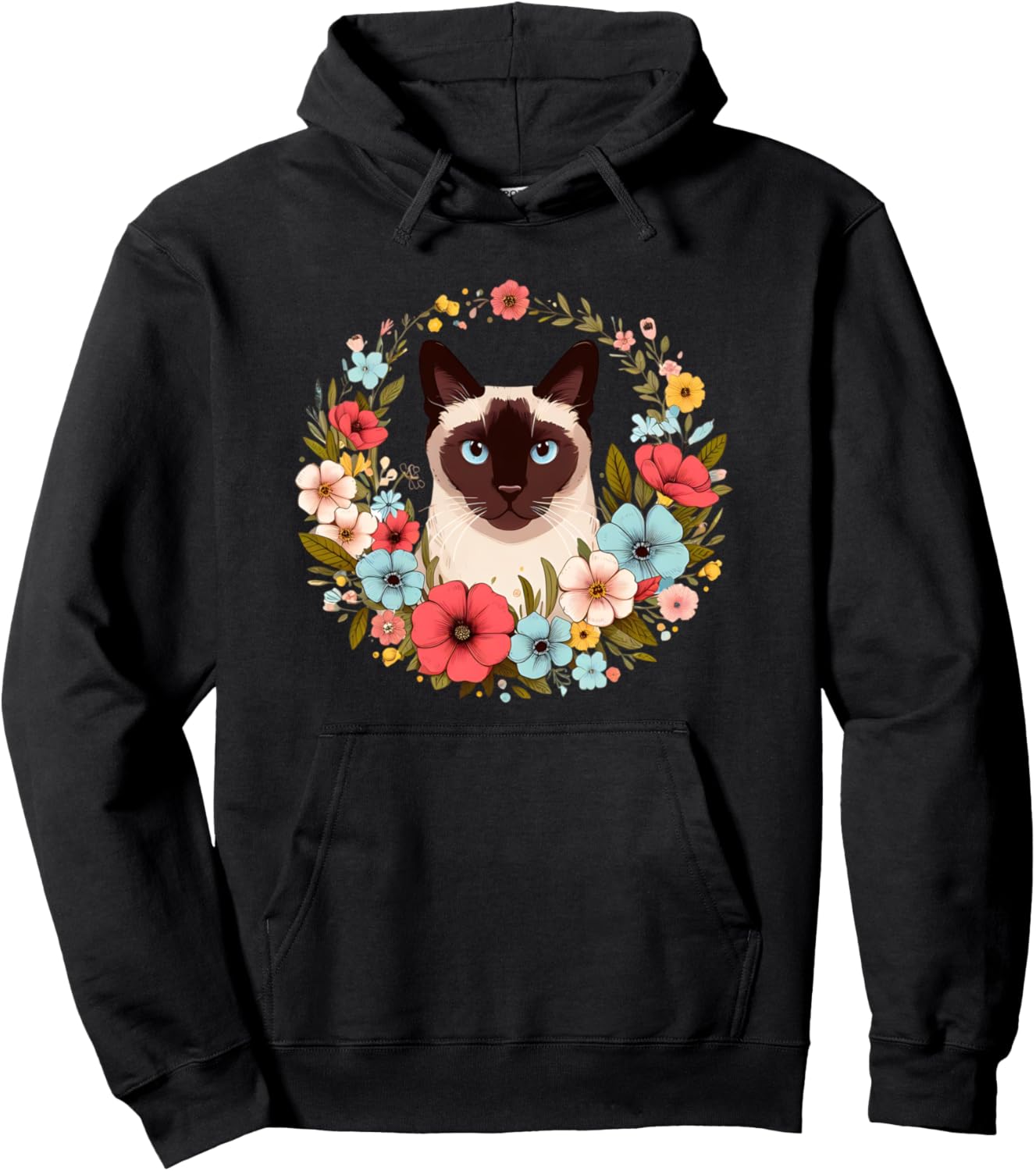 

Худи с цветочным принтом в виде сиамской кошки Siamese Cat With Flowers, черный