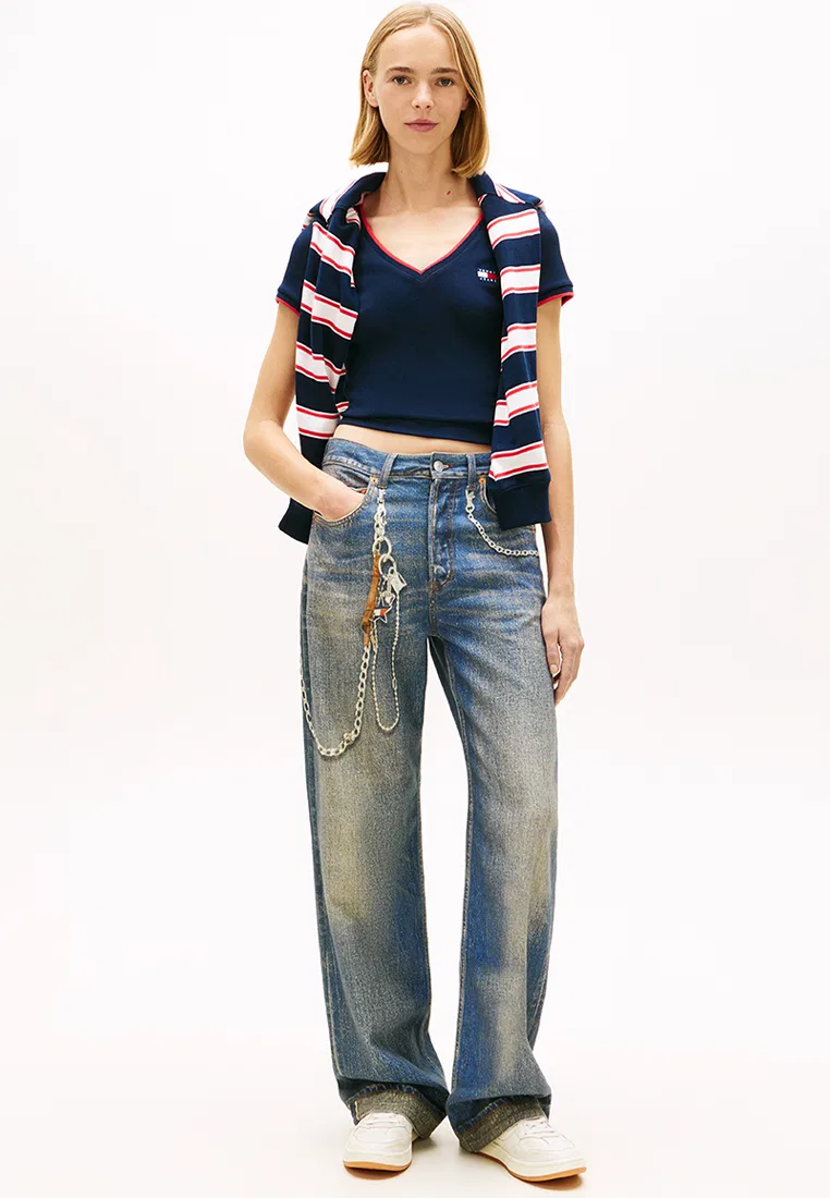 Топ с V-образным вырезом, Slim Badge, Tommy Jeans Tommy Hilfiger, темно-синий/мультиколор — фото 4