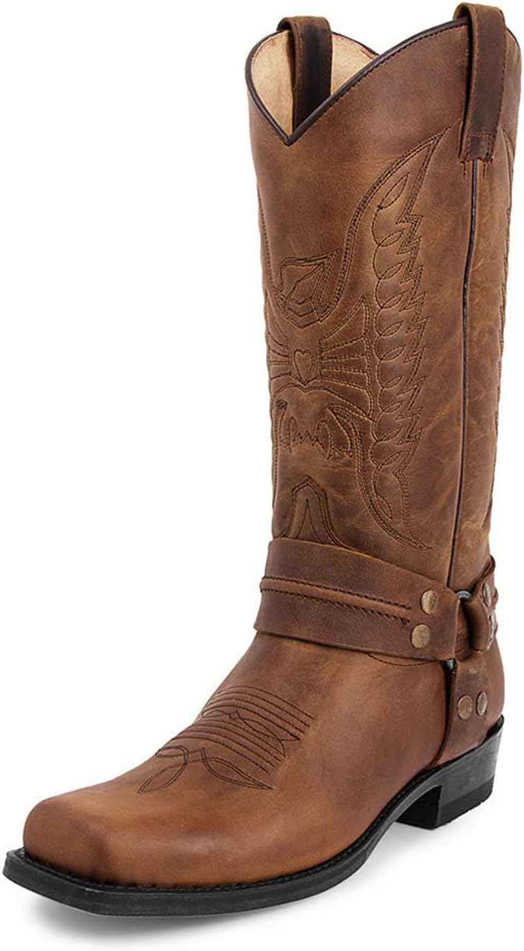 

Мужские ковбойские сапоги KYOESCAI с пряжкой на ремне, вышивкой, противоскользящей подошвой, массивным каблуком, квадратным носком и средней высотой голенища, коричневый